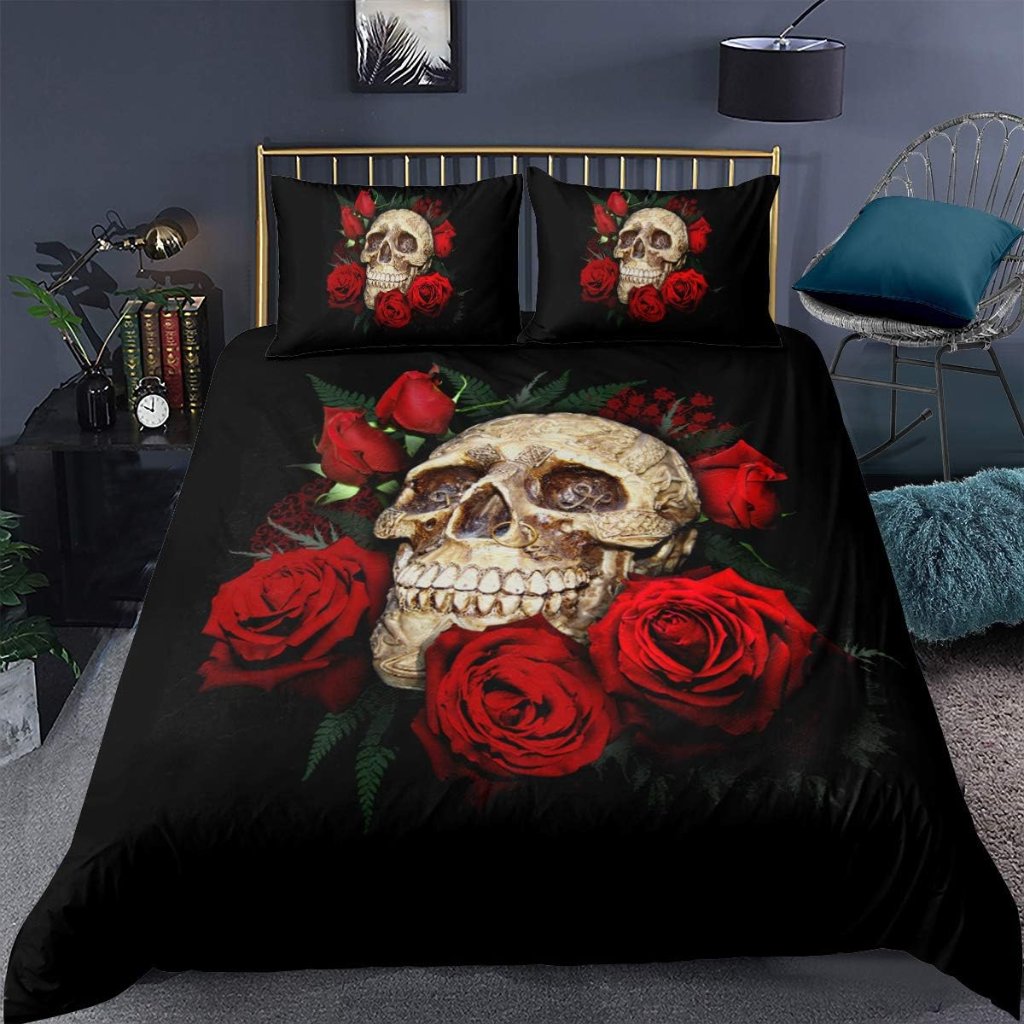 Gothic Skull Comforter Cover Queen Size With Rose And Floral Bones Skeleton Desi